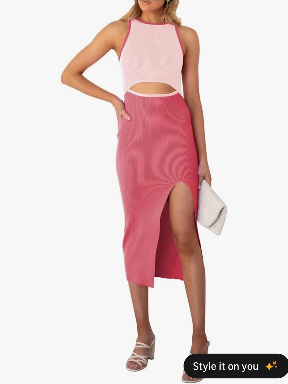 Two-Tone Pink Cutout Ribbed Midi Dress with Side Slit